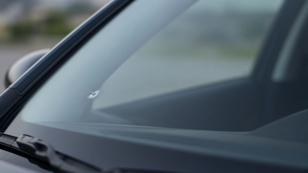Close-up of a stone chip on a car windscreen